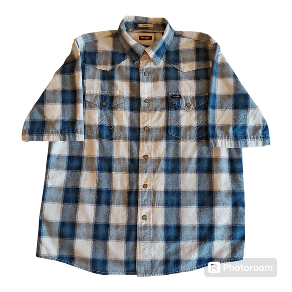 Wrangler Casual Blue & White Plaid Snap Down Front Short Sleeve Shirt M - Picture 3 of 10